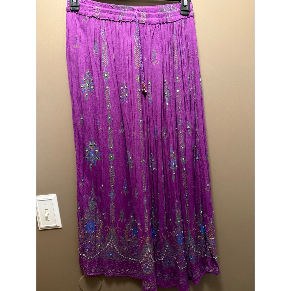 Boho Purple Crinkle Maxi Skirt Floral Paisley Bell Accents Elastic Waist